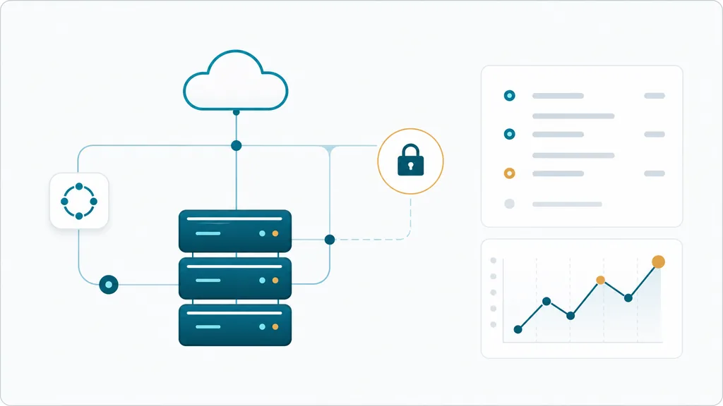 Secure cloud infrastructure connected to servers, monitoring and security analytics
