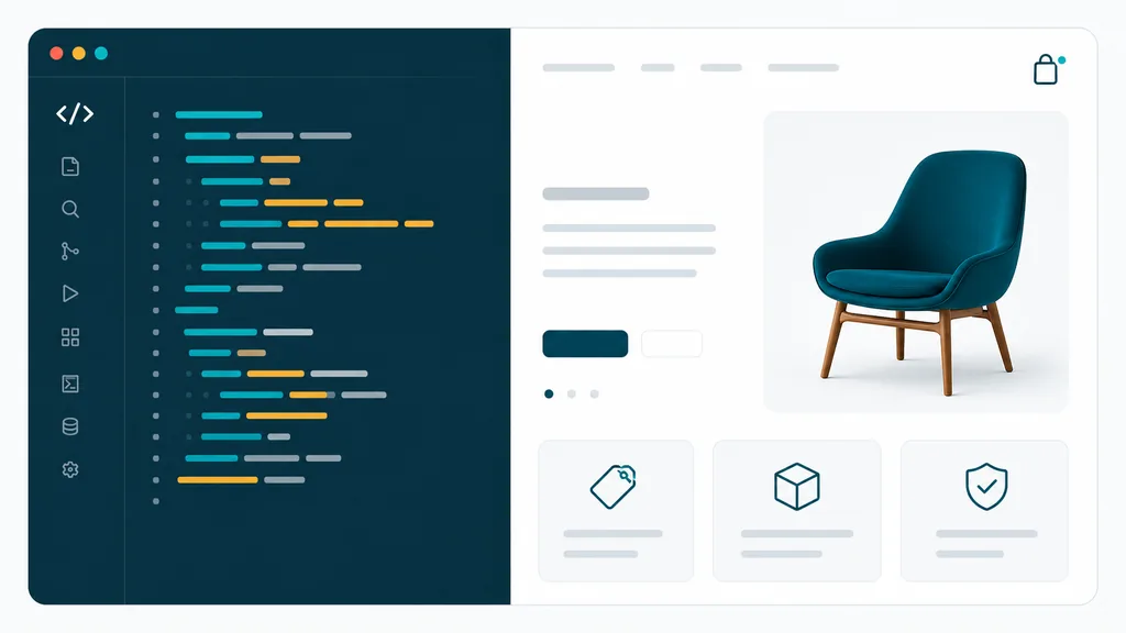 Split interface showing web development code and a polished ecommerce product page